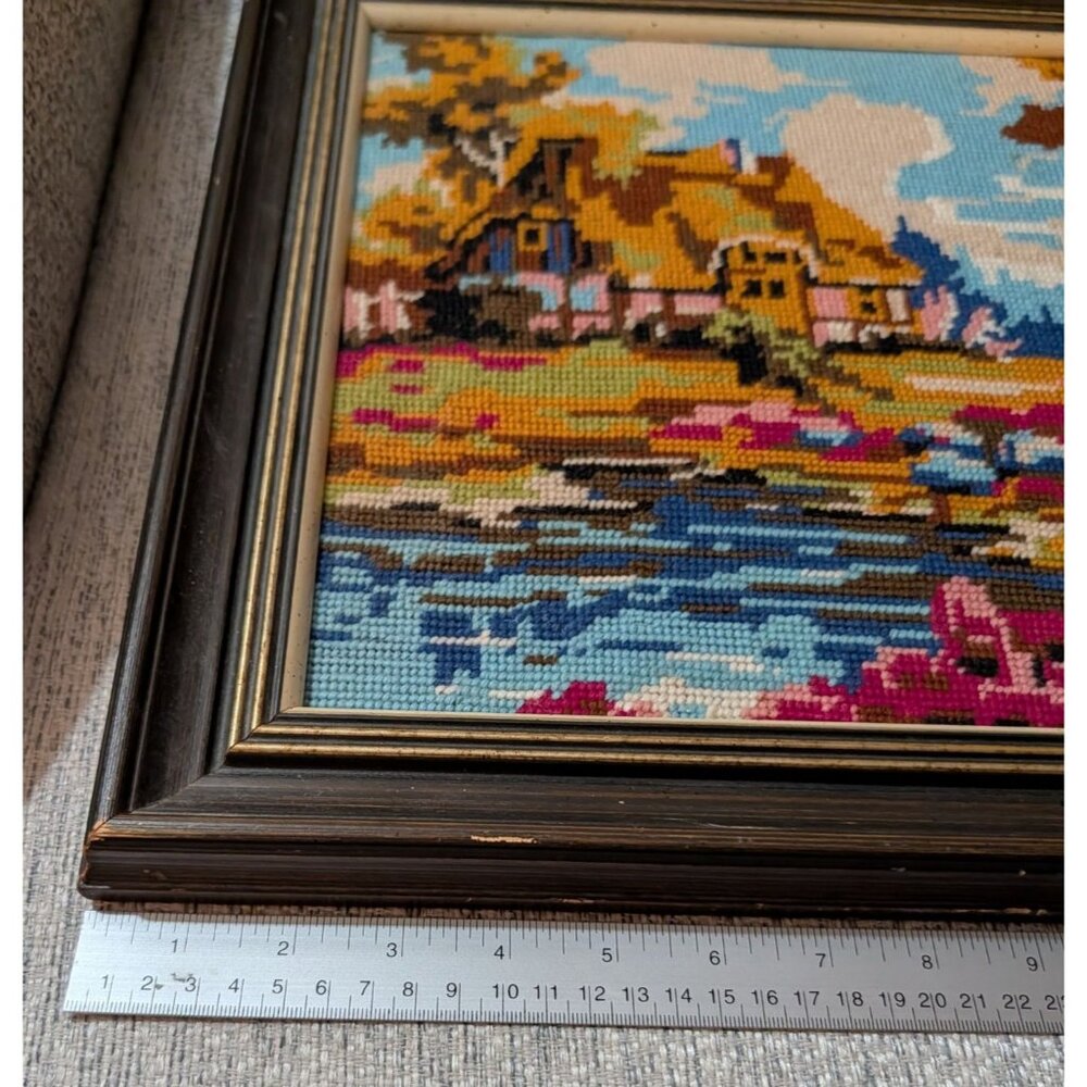 Vintage Needlepoint Tapestry Framed Scenic Landscape Art Piece 14.5x18.5 Inches - Picture 8 of 16